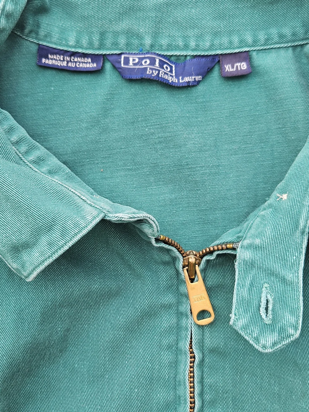 Rare Polo Ralph Lauren Green 100%cotton Zip Jacket XL Flip Collar Made In Canada